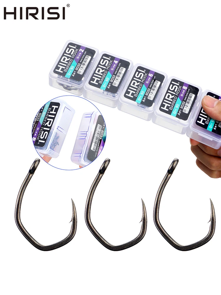 Hirisi 50pcs PTFE enduit haute teneur en carbone en acier inoxydable Micro hameçon barbelé avec oeil 8033 accessoires de pêche boîte épissable
