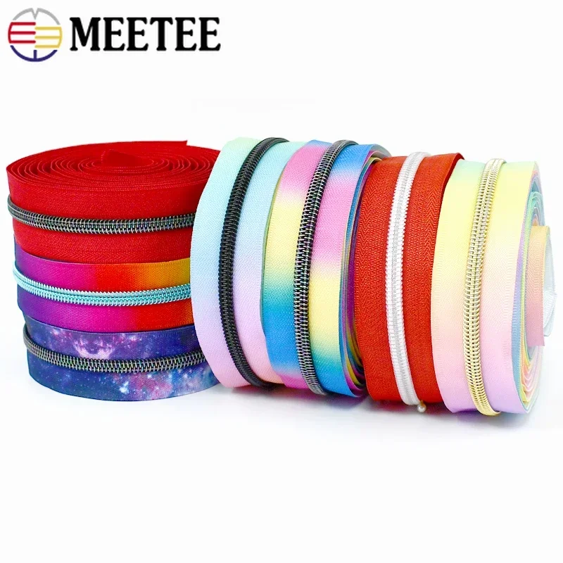 1/2/3M 5# Meetee Printed Nylon Zippers Plastic Decorative Zips Bag Luggage Zipper Coil Roll Rainbow Zip Closures Repair Kit