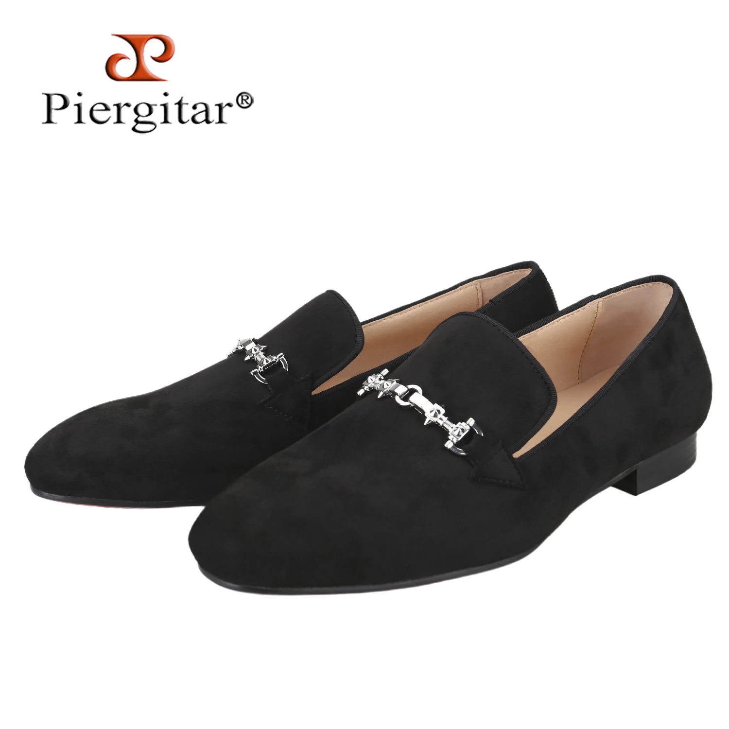 Piergitar Black Suede With Silver Spike Horsebit Belgian Slip-On Loafers British Classic Style Men's Smoking Slippers Red Bottom