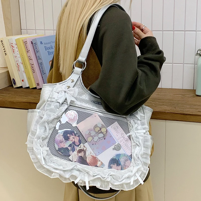 

HAEX Lolita Women Ita Bags 2025 Balletcore Ribbon Bow Elegant DIY Tote Bag Female DIY Badge Doll Show Lace Ruffles Bolso Mujer