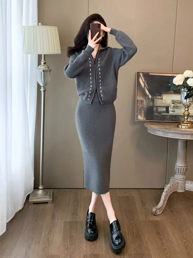 New Elegant Knitted Skirt Sets Women Autumn Winter High End Long Sleeve Stand Collar Zipper Cardigan Coat + Skirt Two Piece Set