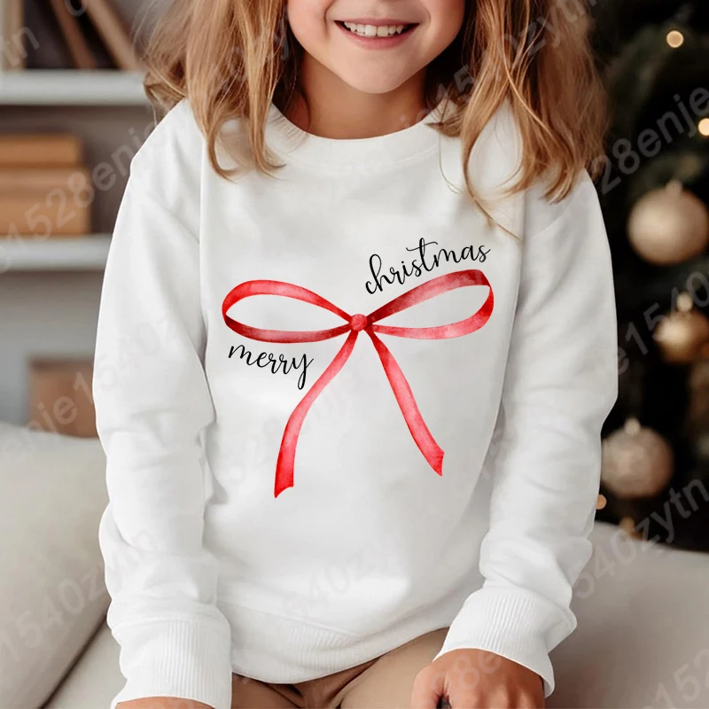 

Merry Christmas Red Bow Print Pullovers Children Girls Crew Neck Pullovers Kids Soft Hot Selling Pure Color Hoodless Sweatshirts