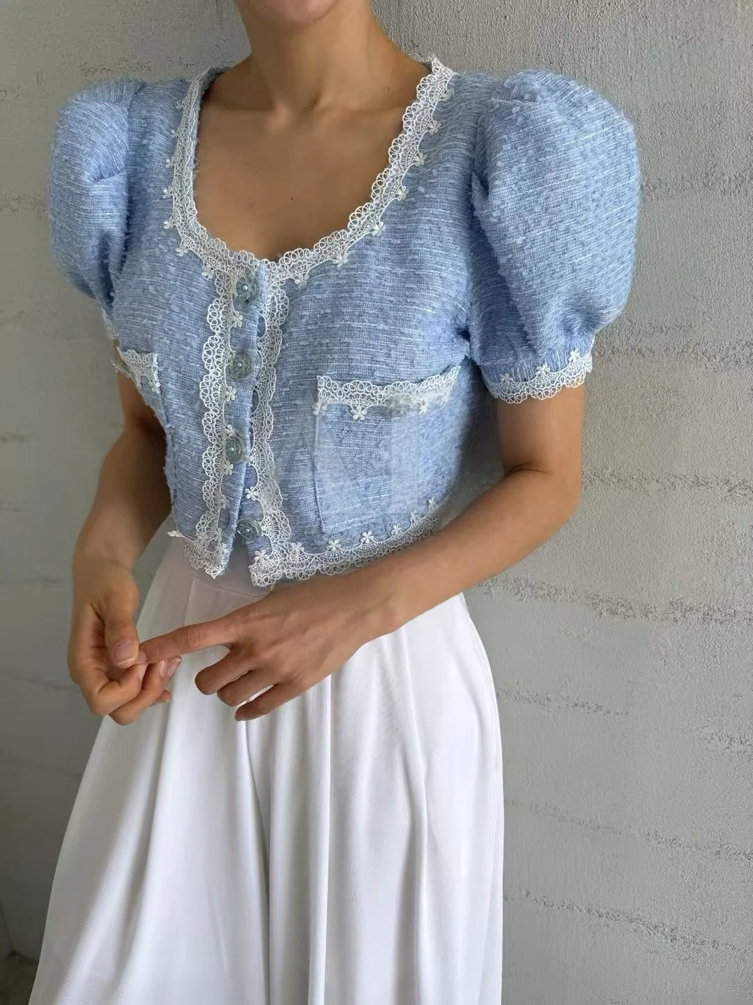 

Korean Sle ort Lace Trim Splicing Jaet Women's Summer New Retro ket Coarse Tweed Top Bubble Sve Other 00%