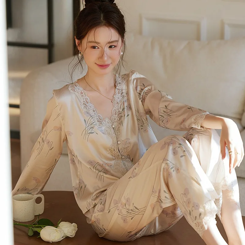 

2025 Early Spring New Women's Chinese Light Luxury Pajamas Lace V Neck Long Sleeve Top Trousers National Style Elegant XL Size