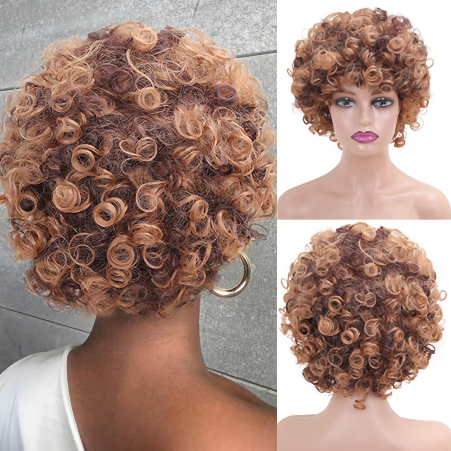 

Fluffy Synthetic Short Curly Wig Brown Heat Resistant Fiber Hairpiece for Women Party Cosplay Daily Costume Styling