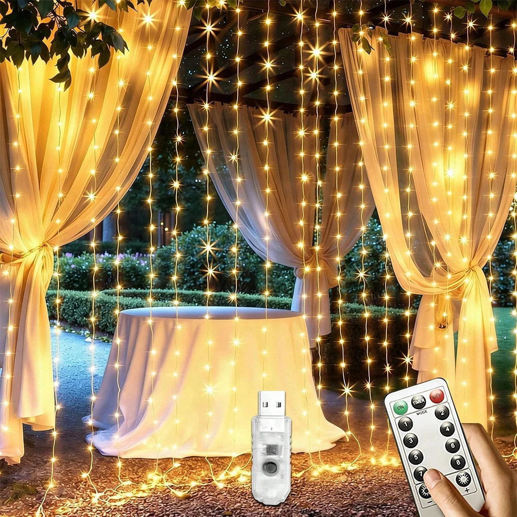300 LED Curtain Lights USB & Battery Powered String Lights With Remote Waterproof Hanging Fairy Lights For Wedding Bedroom Decor