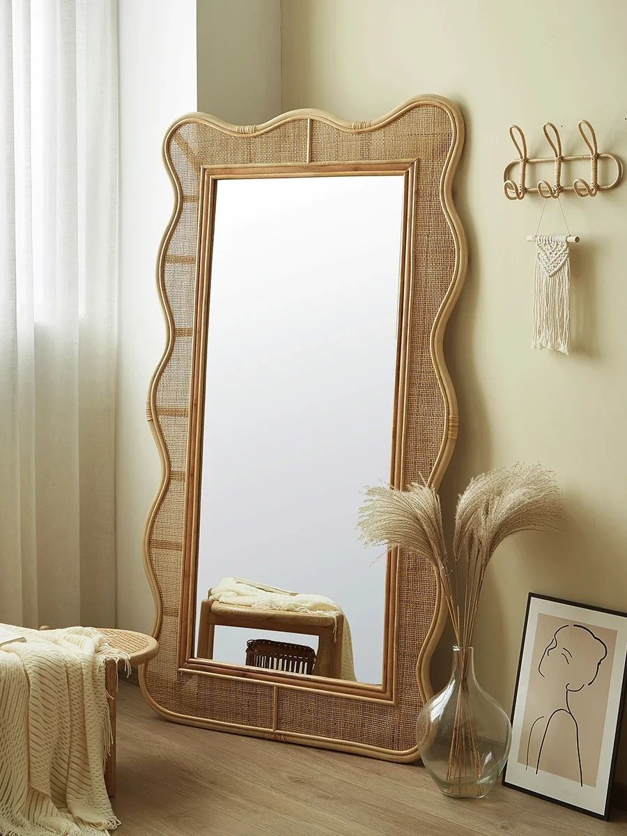 Vine woven large mirror, full body floor mirror, fitting mirror, wave Japanese movable mirror