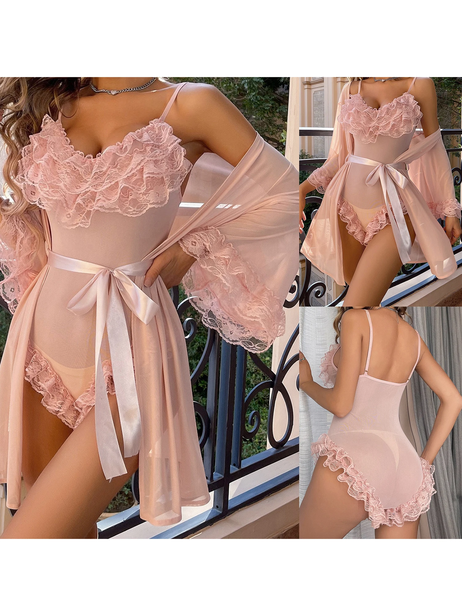 طقم ملابس داخلية بيبي دول شفافة مزينة بالدانتيل مع رداء وحزام متطابق - طقم بدلة للجسم بطبقات شبكية مكون من 3 قطع