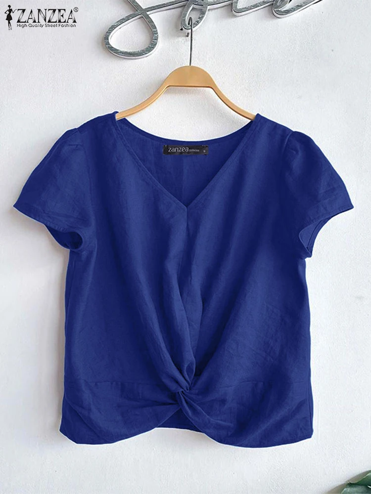 

ZANZEA Cotton Blouse Women Solid Tops 2025 Summer Pleated Pullovers Casual V Neck Tunics Oversized Loose Short Sleeve Blusas