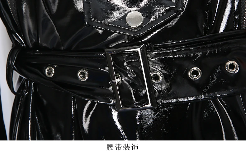 Nerazzurri Autumn Long Fitted Reflective Shiny Soft Stretchy Black Patent Faux Leather Biker Coat Women Zipper European Fashion