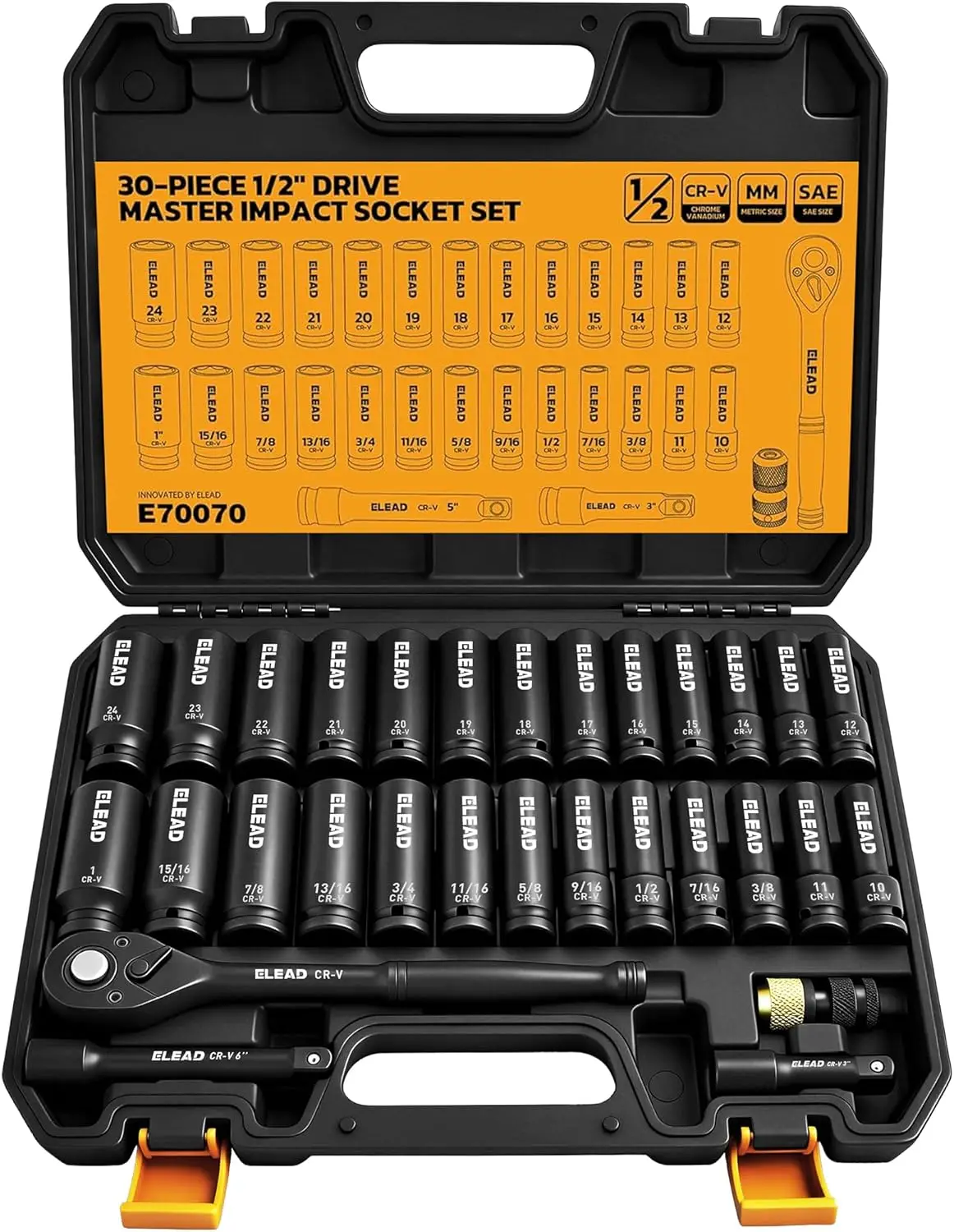 

30-Piece 1/2" Drive Deep Impact Socket Set: SAE 3/8"-1", Metric 10-24mm, with Ratchet Handle & Extensions, Cr-V Steel for Auto Repair