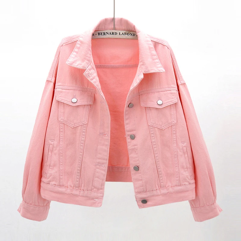 

Fashion Pink White Yellow Denim Jacket Women Spring Korean Loose Short Outerwear Big Pocket Long Sleeve Jeans Jacket Coat Female