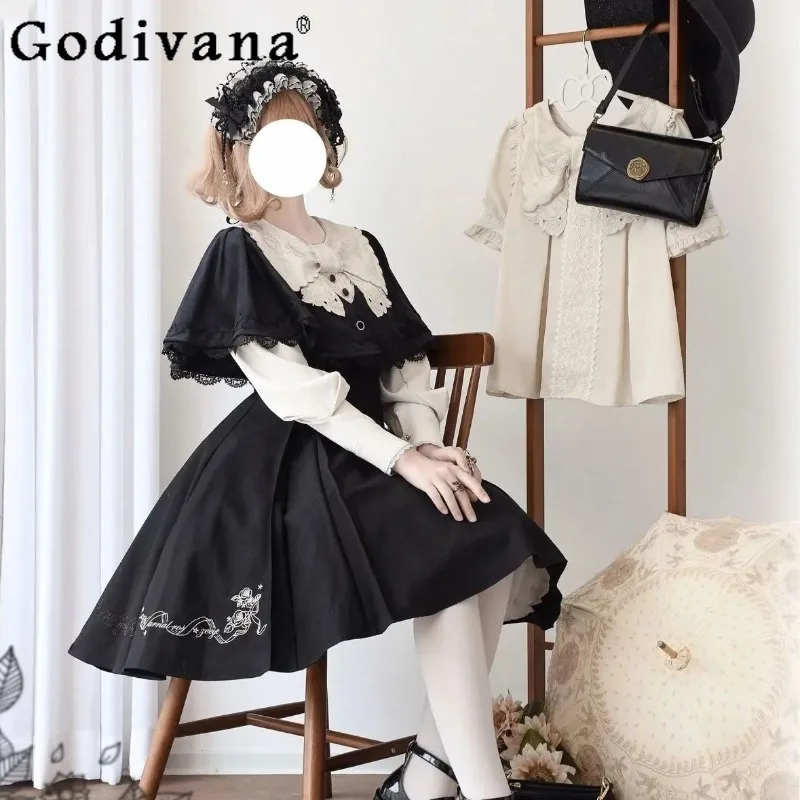 

Lolita Long Sleeve Dress with Cape Women Halloween Elegant Slimming Dress Female Autumn Winter Japanese Style Black Dress