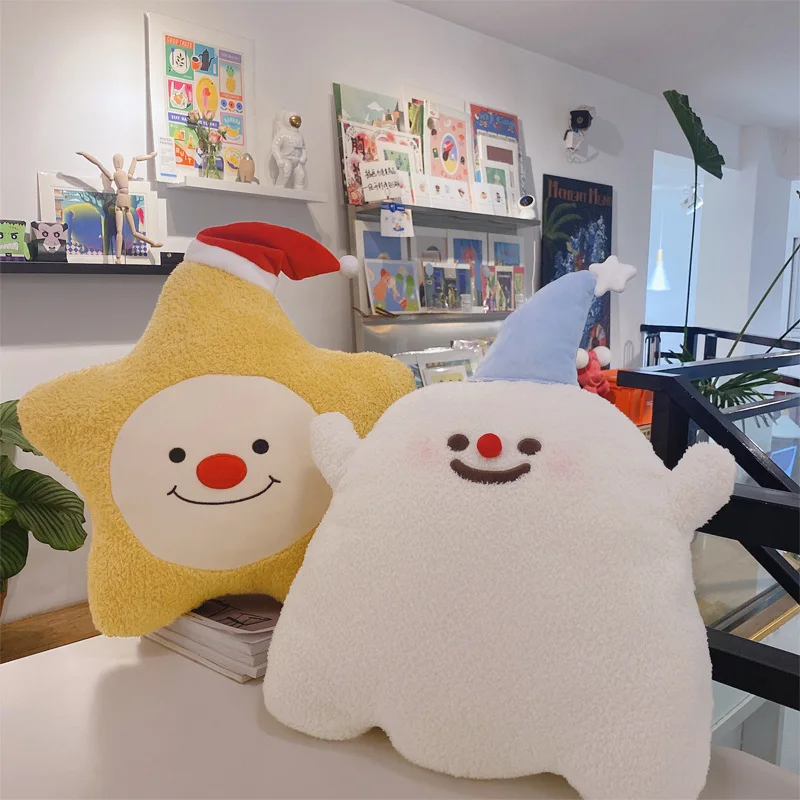 Sombrero azul de Navidad suave muñeco de nieve fantasma juguete de peluche relleno colmillos malvados galleta elfo tiro almohada estrella silla cojín calentador de manos Navidad