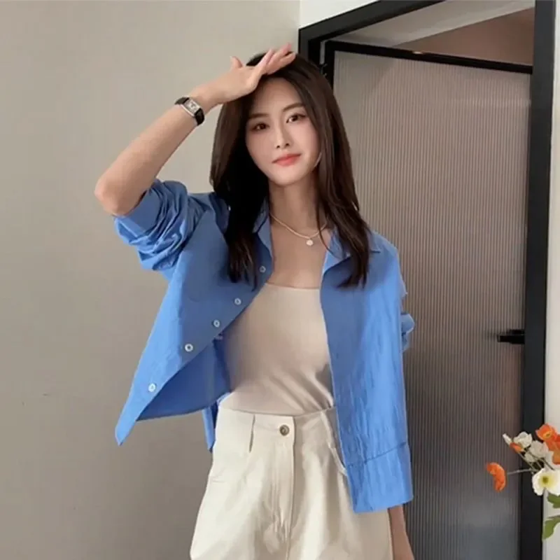 

French Retro Design Layered Blue Shirt for Women 2025 Autumn New Loose Casual Long-sleeved Jacket Top