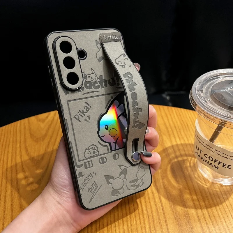 Cartoon Cute Anime P-Pokemon Gengar Wrist strap Holder protect Phone Case For Samsung A56 A55 A35 A16 A15 A54 A36 Anti-fur Cover
