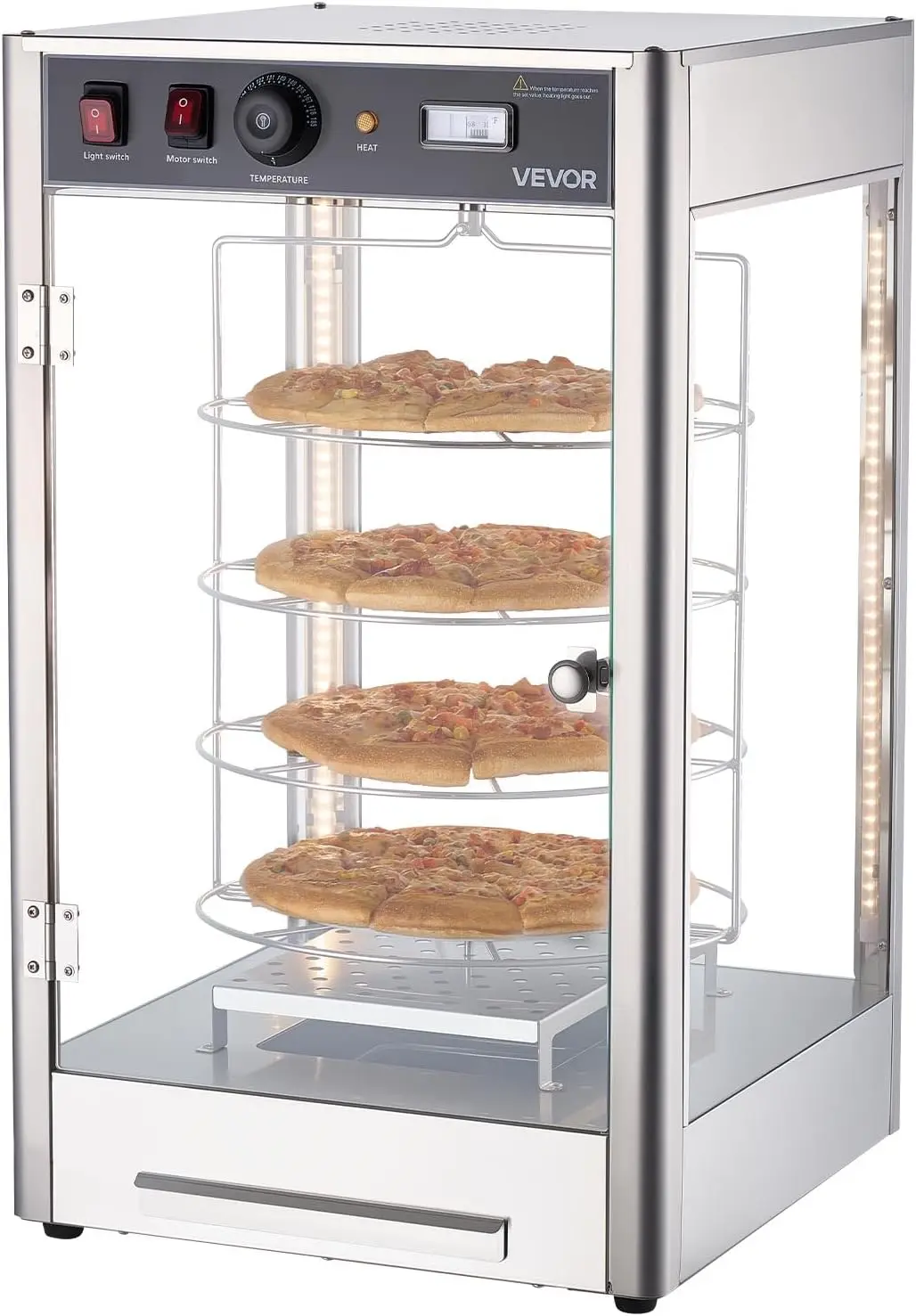 Commercial Food Warmer Display, 4-Tier Pizza Warmer with Rotary Steam Heating for 14 in Pizza, 86℉~185℉ Temperature Control and