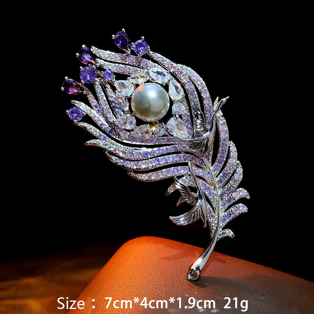 Luxury Elegant Purple Crane Feather Brooch Clothing Accessory Suit Corsage Evening Dress Jewelry Banquet Birthday Gift for Women