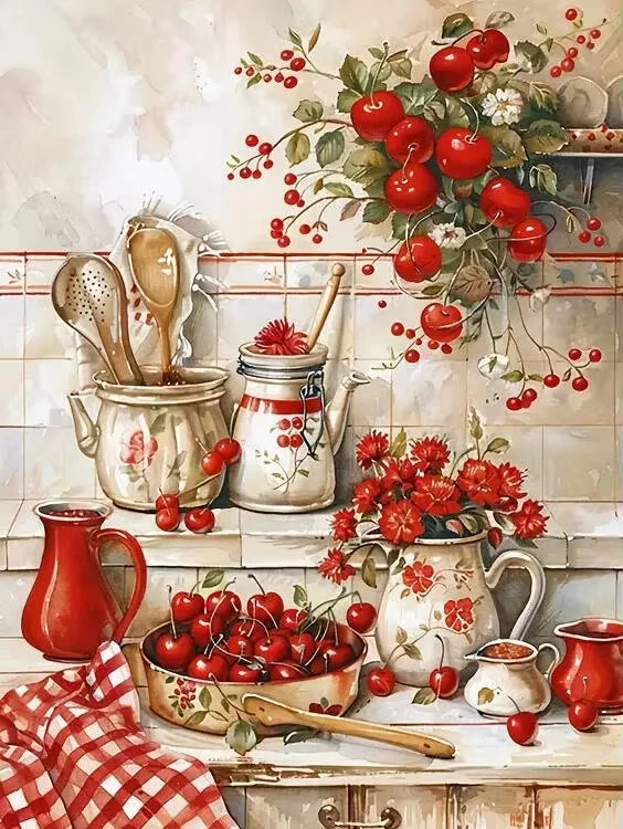 Oil Painting By Numbers Cherry Fruit Canvas Art Wall Decor for Room or Living Room Handmade DIY Gift Frameless