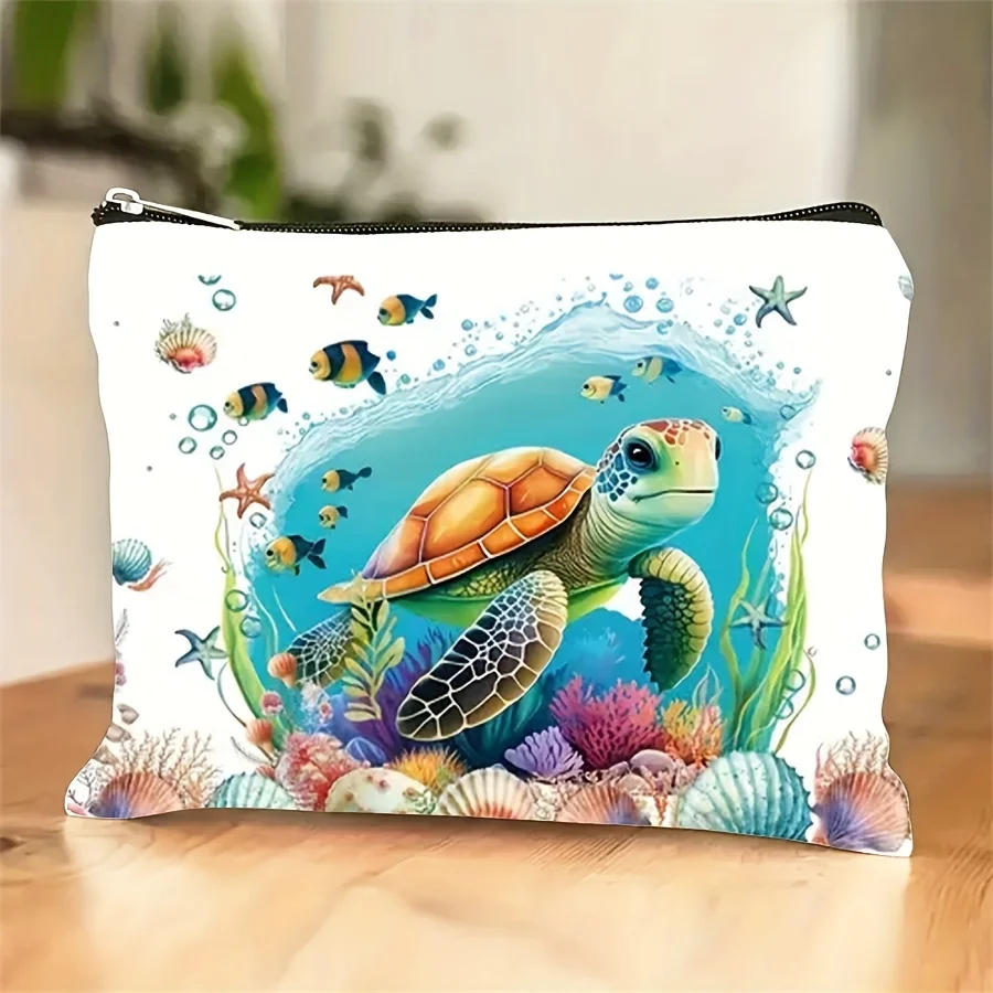 

1pc Cute Sea Turtle Canvas Cosmetic Bag with Vibrant Ocean Print Durable Lightweight Zipper Pouch Machine Washable Fade-Resis