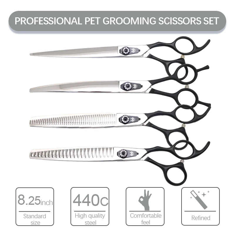 Imagem -02 - Yijiang Jp440c Profissional 8.25 Polegada Pet Grooming em Linha Reta Curvo Desbaste Chunker Tesoura Conjunto Cão Grooming Alta Qualidade