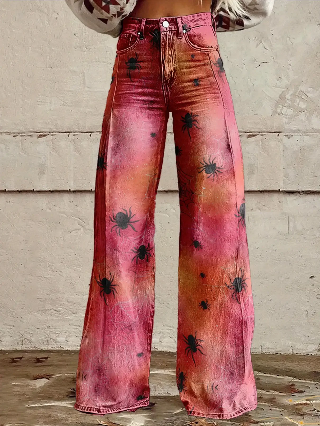 2026Women's imitation denim pants with retro fashion patterns, autumn and winter printed patterns, denim style,