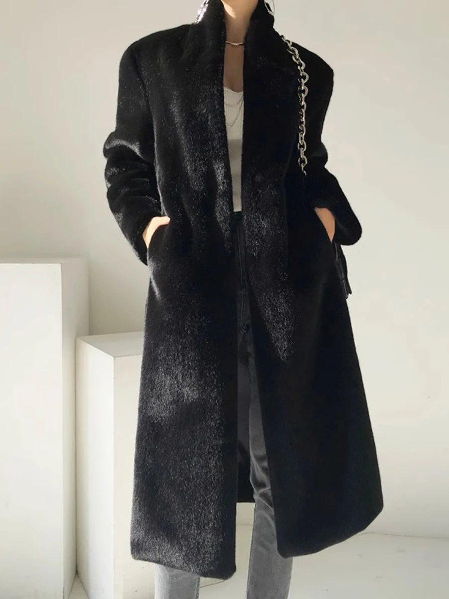 ミッドレングスの女性の毛皮のコートスタンドカラー秋冬新黒環境に優しいミンクベルベットレザージャケット韓国スタイル通勤