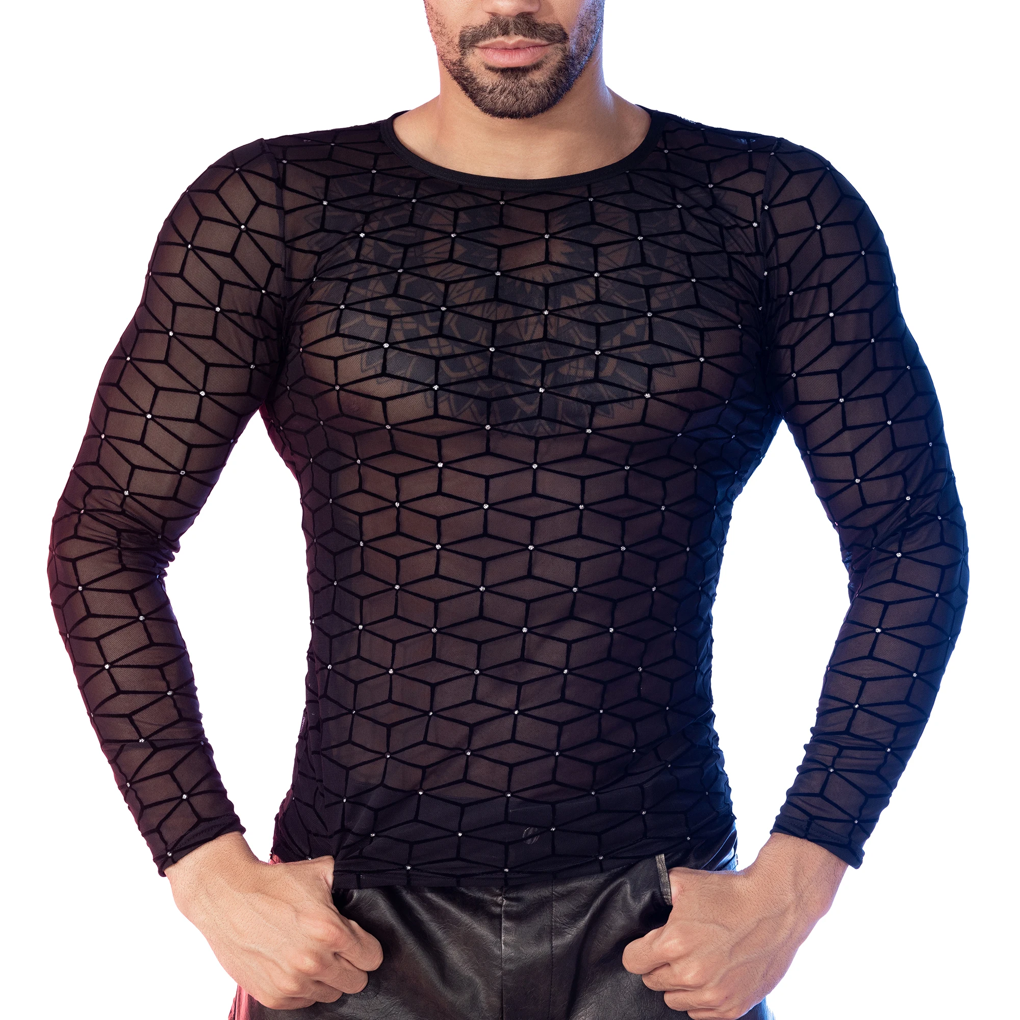 Sexy Lace/diamond Checkered Mens Tops Long Sleeved Transparent Erotic Nightclub Clothing Ultra-thin See Through Mesh Top T-shirt