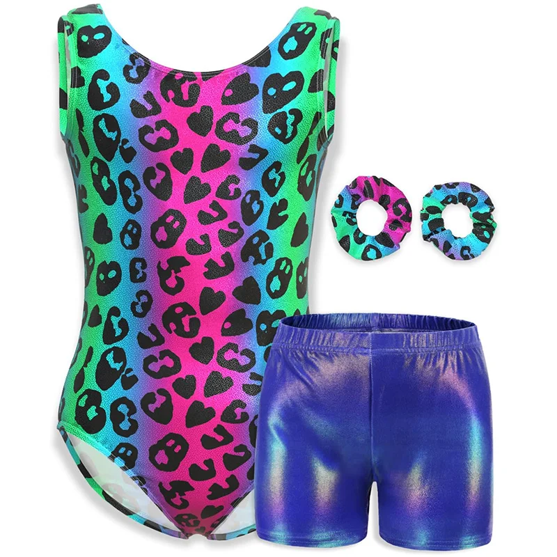 الفتيات 4 قطعة قميص قصير بلا أكمام الباليه الرقص ثياب لفتاة الجمباز الرقص تراجع وتتسابق مع مطابقة السراويل العصابات الشعر #1