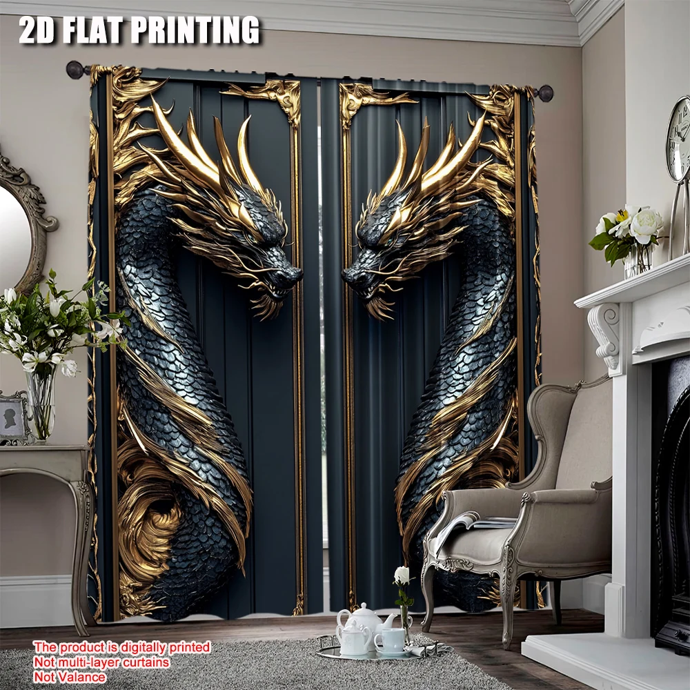 2Pcs Dragon Totem On The Door Patterned Curtains Suitable For Bedroom Kitchen Dining Room Living Room Study Office Bathroom