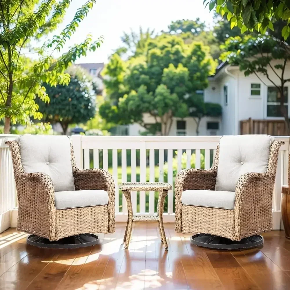Set of 3 Swivel Outdoor Wicker Rocking Chairs with Side Table, Ideal for Patio, Porch, Yard, Deck, and Poolside, Yellow/Beige
