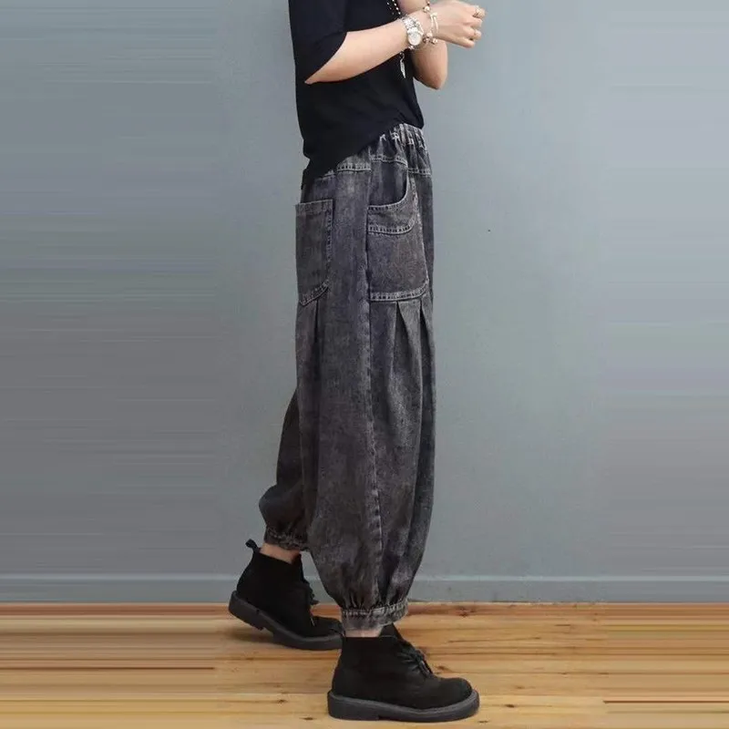 New Arrival 2023 Spring Autumn Arts Style Women Elastic Waist Cotton Denim Harem Pants Vintage Blue Casual Loose Jeans C726