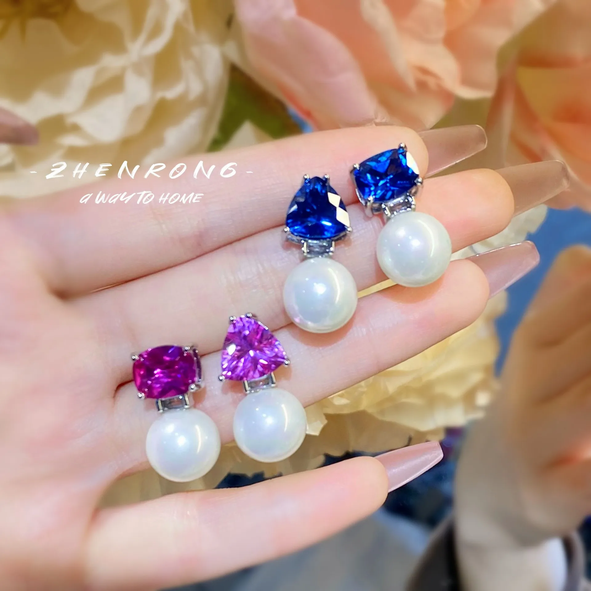 Foydjew Retro Luxury Red Corundum Blue Crystal White Pearl Drop Earrings Women Elegant Silver Color Short Style Banquet Earring