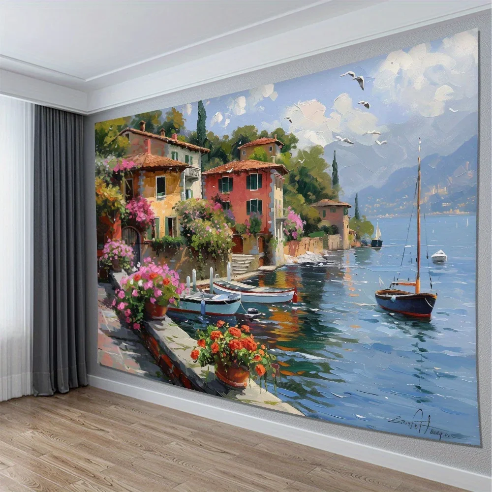 Mediterranean Italian Coastal Village Tapestry Wall Hanging Boho Home Decor Watercolor Landscape Mural Art