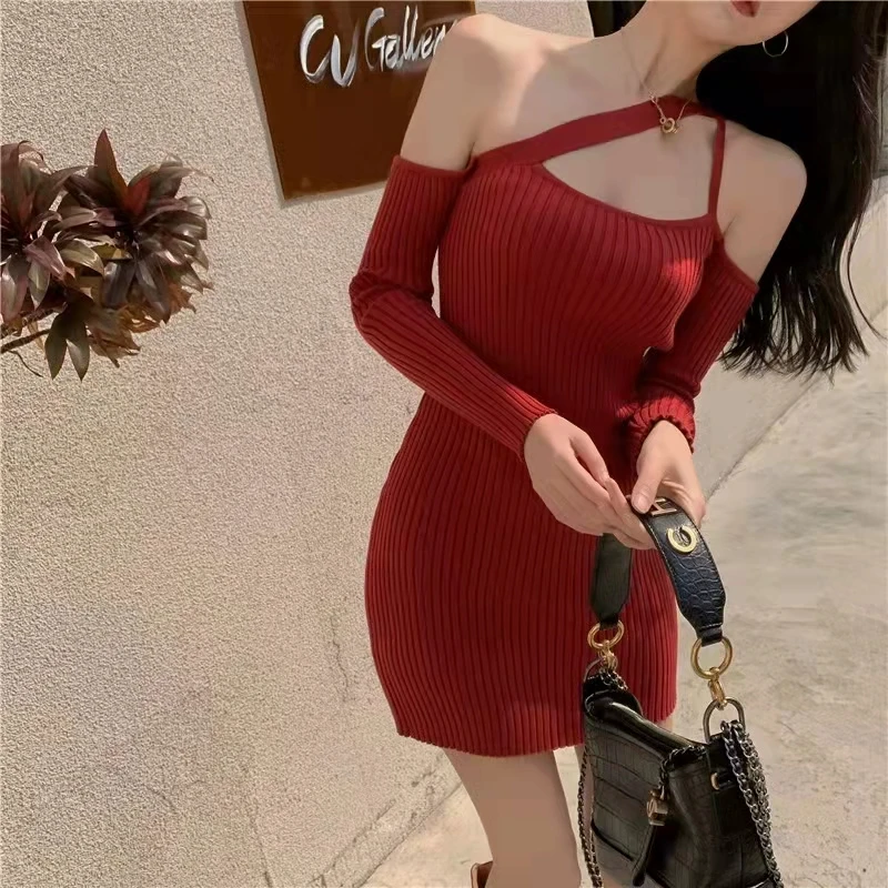 

Red High-Waisted Slim Fit Off-Shoulder Knitted Dress New Arrival Elegant Slash Neck Women's Sexy Mini Bodycon Dress