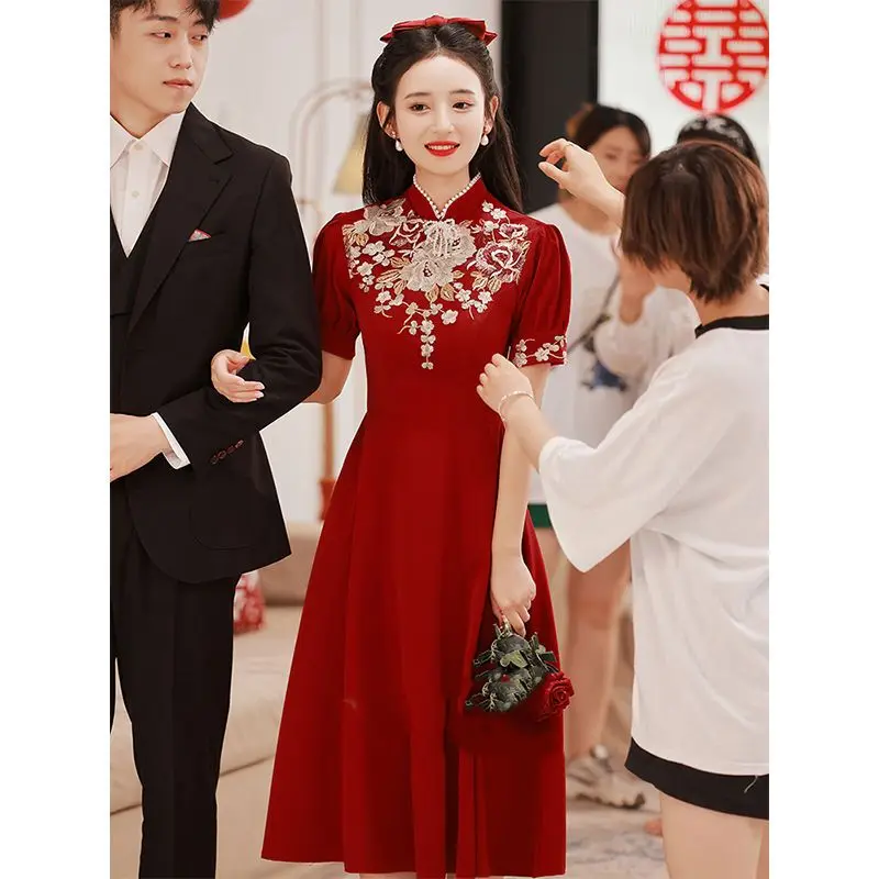 

Yourqipao Chinese Cheongsam Evening Dresses Wedding Toast Gowns Red Chinese Bridal Engagement Prom Gowns For Women Party Skirt