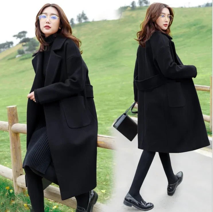 2021 autumn and winter new large size temperament women's woolen coat covered belly thin woolen coat for sale