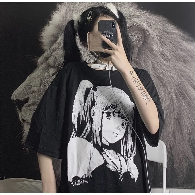 Japan Style Grunge E Girl Top Mujer Anime Print T-Shirts Women Black Goth Graphic Tees 2022 Summer Alt Clothes Punk Chic