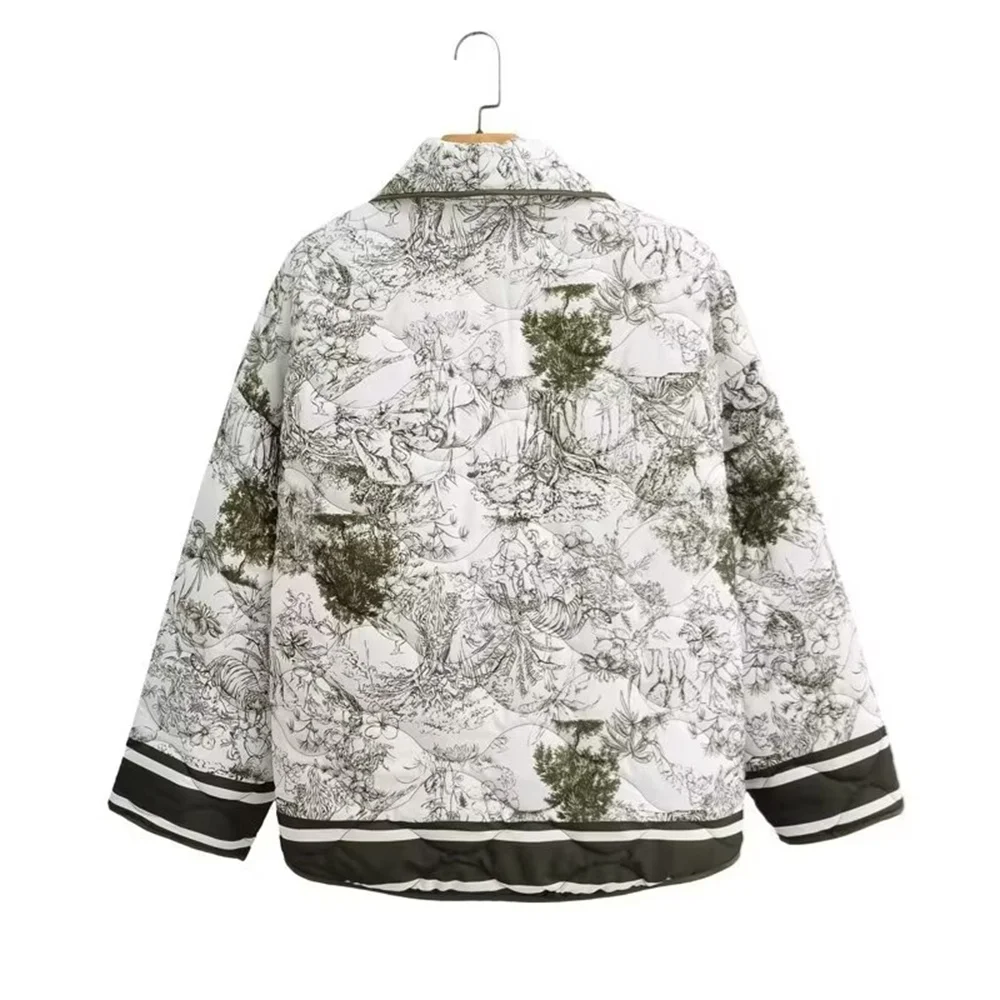 Taop&Za   Autumn New Product: Women\'s Fashionable and Casual Versatile Flip Collar Long Sleeve Printed Cotton Jacket