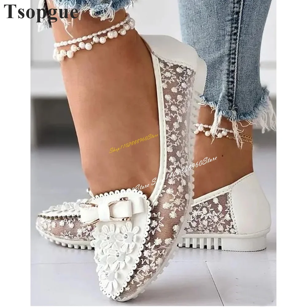 

Trending White Air Mesh Bowknot Flower Pumps Flat With Shoes For Women Slip On Round Toe 2024 Fashionable Zapatos Para Mujere