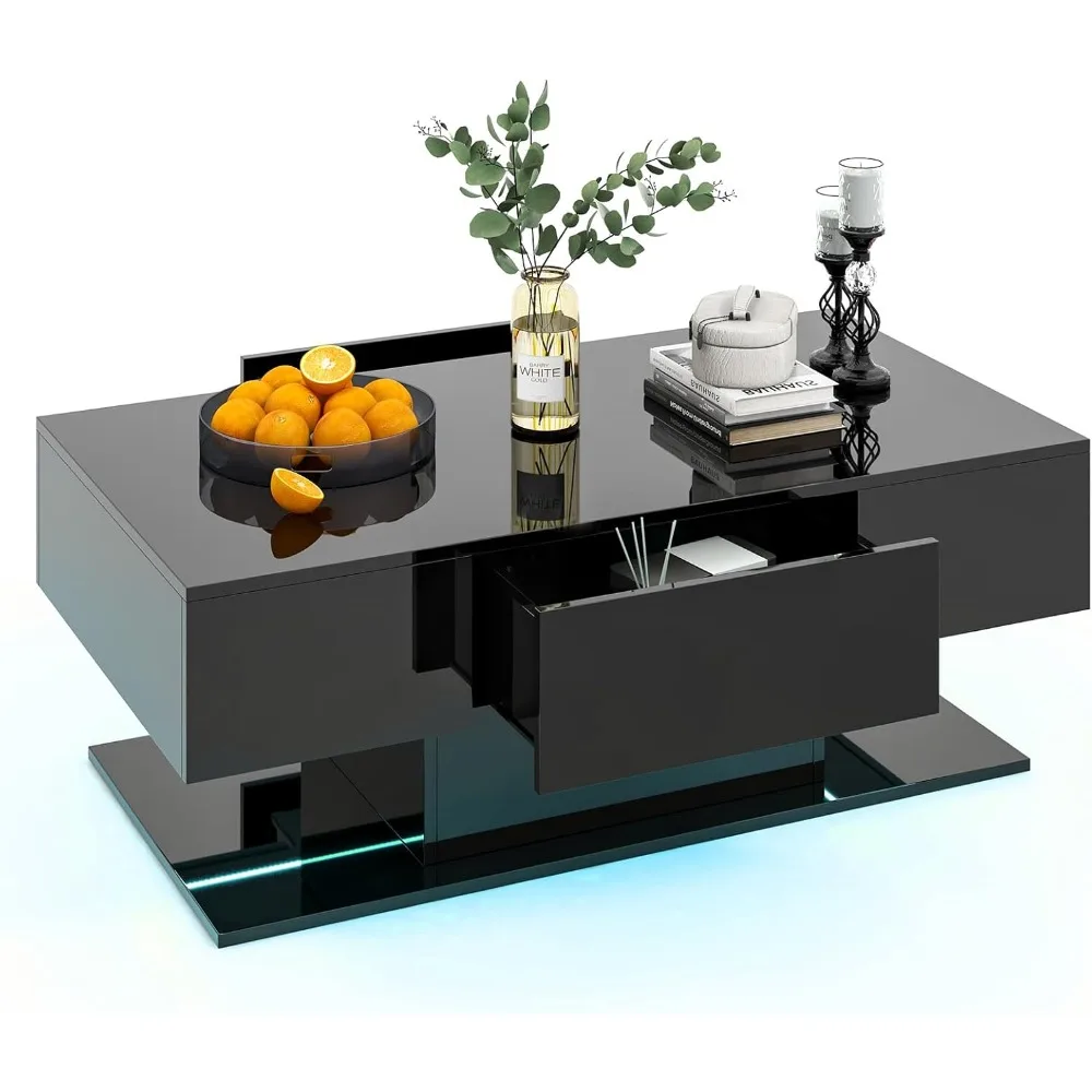 

LED Coffee Table with 2 Drawers, High Glossy Modern Center Table, 20-Color Dimmable LED Lights & Remote Control, 2-Tier