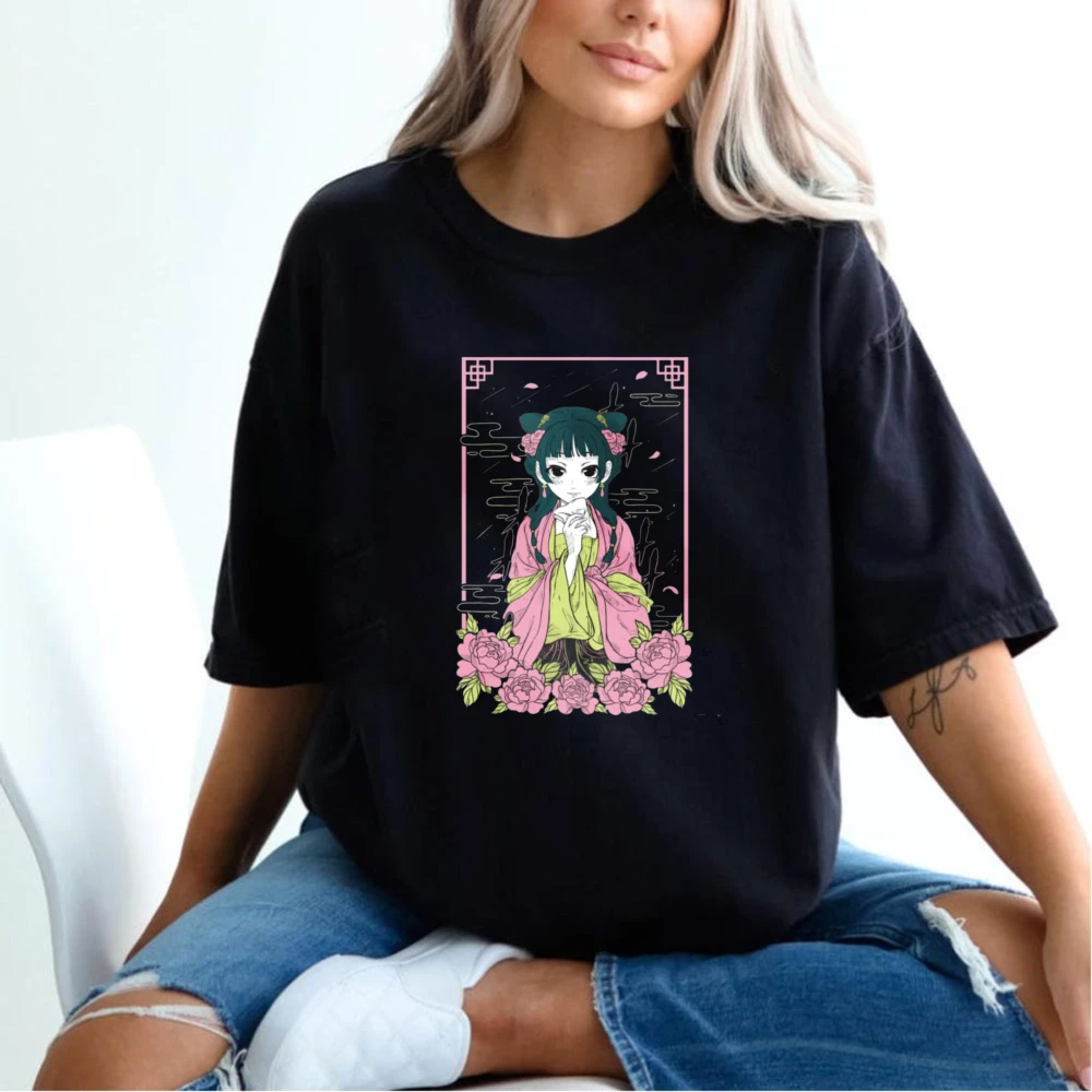 Traditional Pink Peony Maomao Graphic Tee The Apothecary Diaries Shirt Cute Anime Girl Women Men  Cotton Tops Fashion Casual Tee