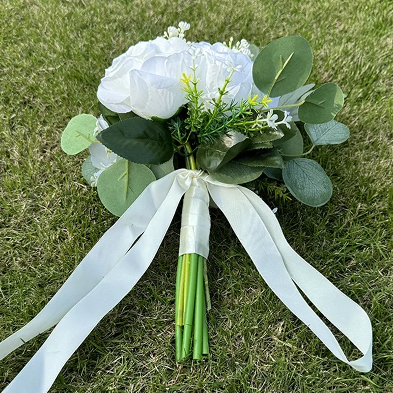 Buquê de noiva artificial, rosa branca, buquê de casamento para cerimônia de casamento e aniversário, decoração de casamento, 1 peça