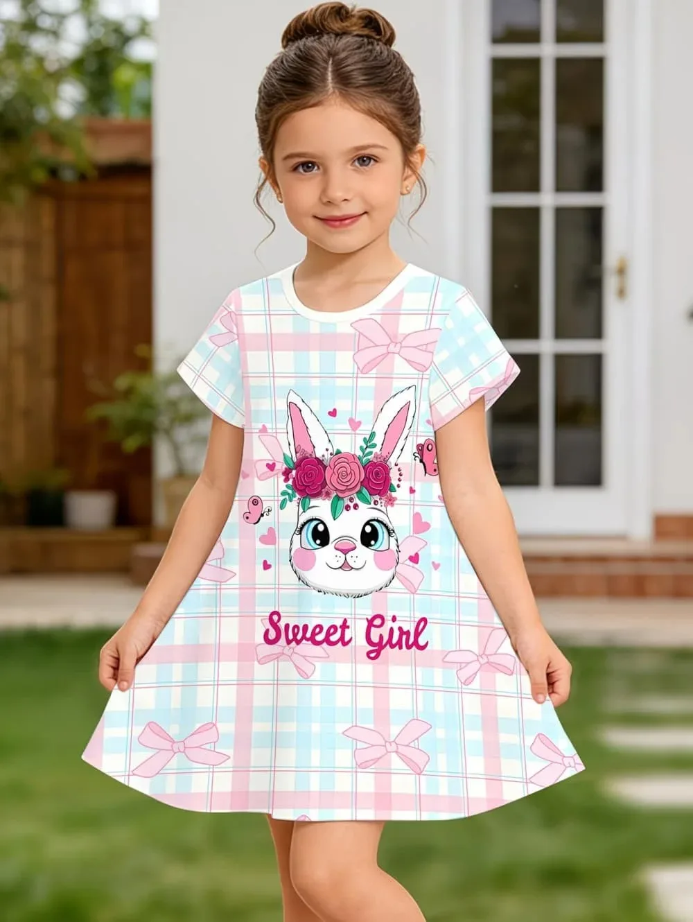 Girl Clothes Elegant Floral Print Summer Dresses Short Sleeve Dress Round Neck Tops Casual Clothes Street Fashion Short Dresses
