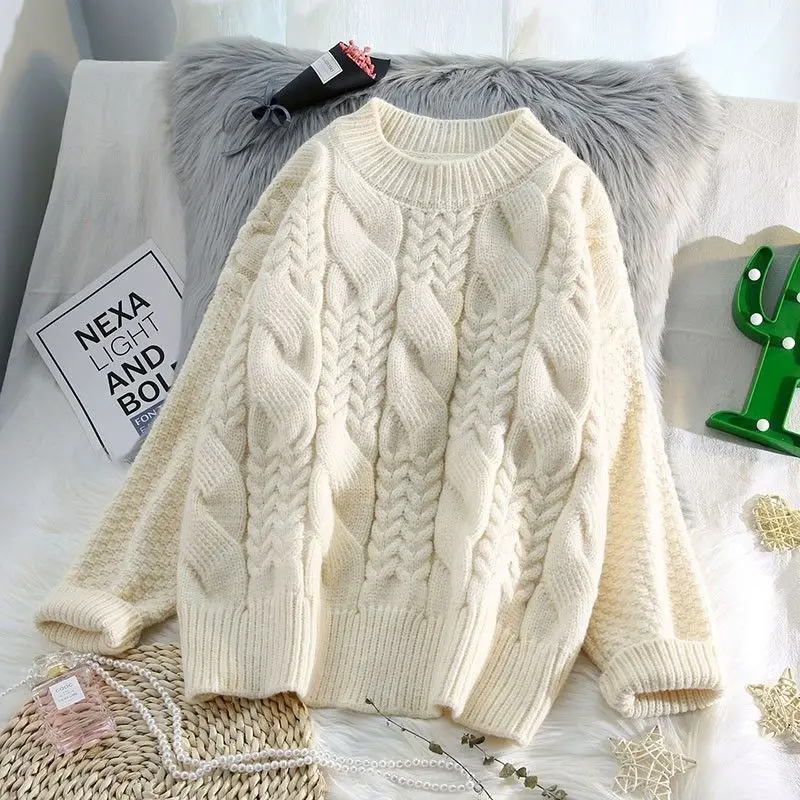 

2023 Autumn Winter O-Neck Solid Long Sleeve Sweater Loose Fashion Warm Pullover Sweater Women's Preppy Style Knitted Sweater