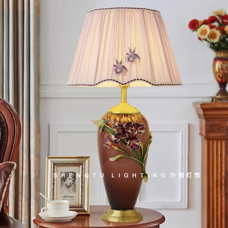 All-copper new Chinese enamel desk lamp, American retro bedroom