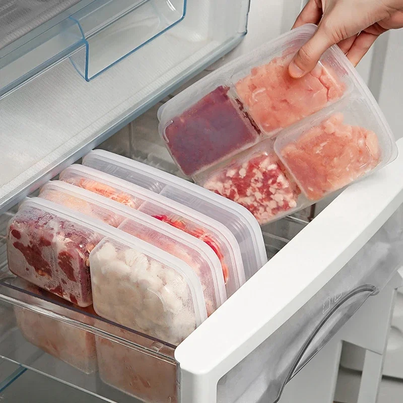 4 Grids Food Storage Box Portable Compartment Refrigerator Freezer Organizers Sub-Packed Meat Onion Ginger Clear Kitchen Tool1PC