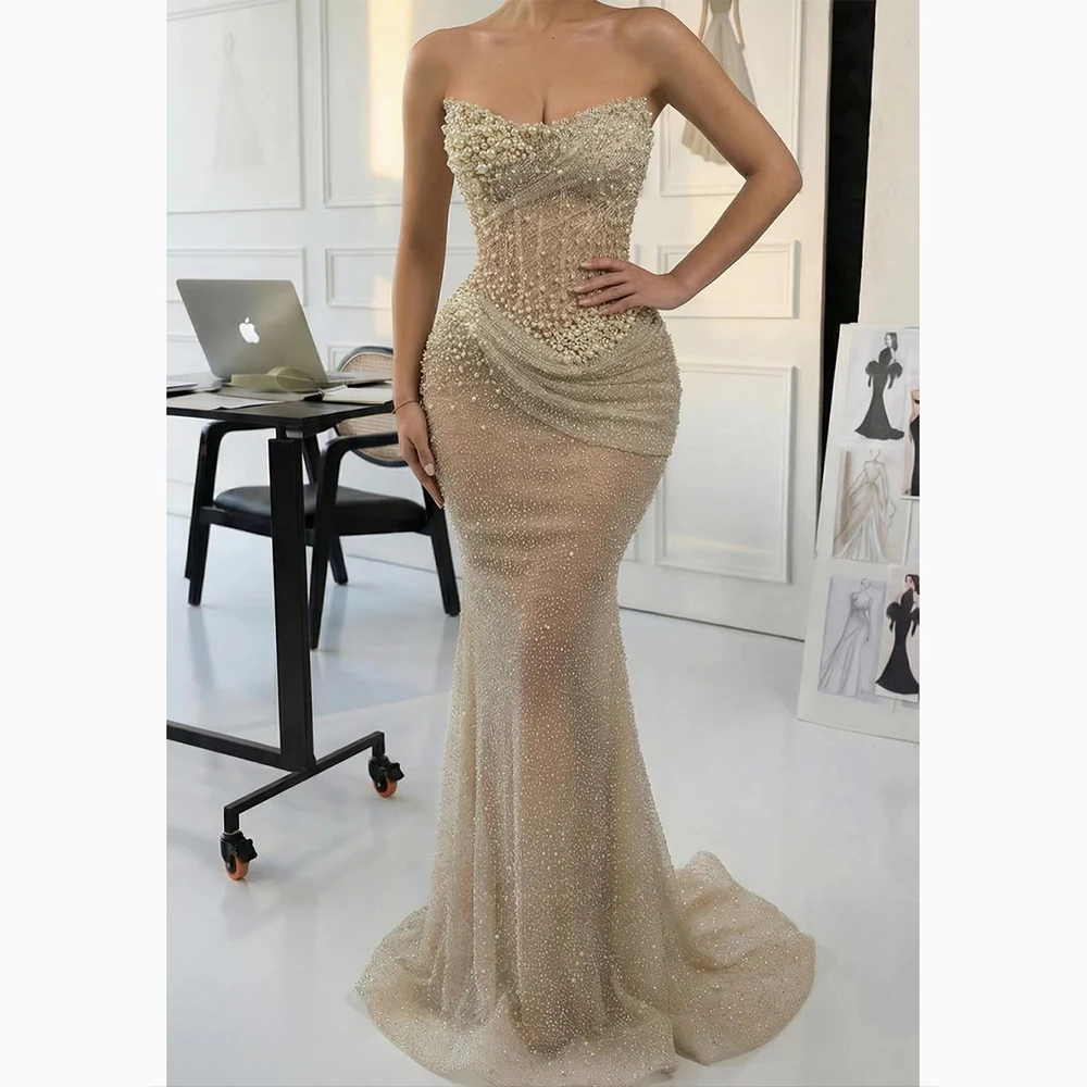 Luxury Strapless Evening Dress Floor Length Sleevesless crystal Pearls Evening Gown Fashion mermaid Party Dress Customized 2026