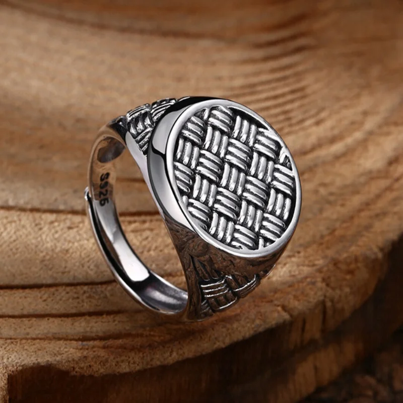 S925 Sterling Silver Charms Rings for Men Women Retro Emboss Weaven Pattern Round New Fashion Punk Jewelry Wholesale ﻿