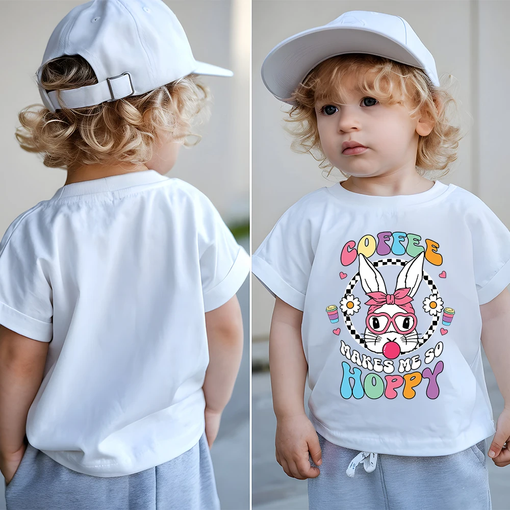 

Футболка из 100% хлопка с принтом «Счастливой Пасхи» и ретро-изображением кролика, детская, для девочек, удобная, с круглым вырезом, с коротким рукавом, для активного отдыха